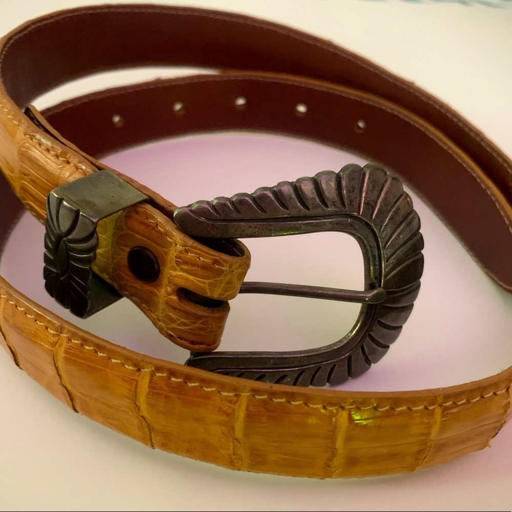 Pat Areias Caiman belt with sterling silver southwestern style buckle.